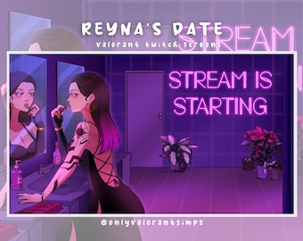 May include: A digital illustration of a woman in a black dress, applying lipstick in front of a mirror. The background is a purple bathroom with a neon sign that reads "STREAM IS STARTING".
