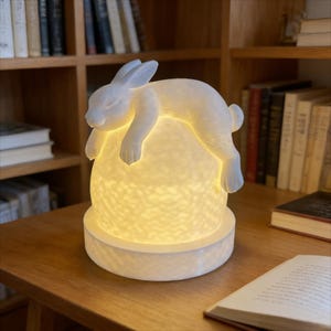 Może przedstawiać: Biała ceramiczna figurka królika spoczywająca na świecącej, teksturowanej lampie w kształcie kuli. Lampa emituje ciepłe, miękkie światło, tworząc przytulną atmosferę. Królik jest szczegółowy, z zamkniętymi oczami i zrelaksowaną postawą.