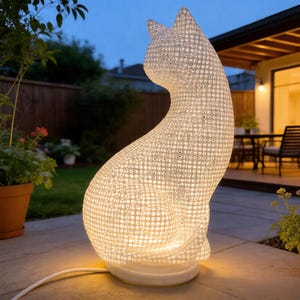 May include: A white cat-shaped outdoor lamp with a textured surface and a warm glow. The lamp is made of a perforated material, allowing light to shine through. The cat is in a seated position, with its back arched. The lamp is on a white base.