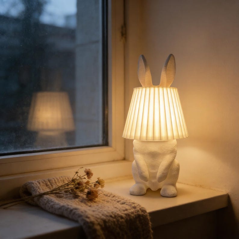 Op de afbeelding: Een witte tafellamp in de vorm van een konijn met een geplooide lampenkap. De lamp heeft lange oren en een gedetailleerd konijnenlichaam. Hij staat op een vensterbank naast een raam en een beige gebreide sjaal. De lamp is verlicht en geeft een warme gloed.