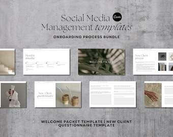 Plantillas de incorporación para la gestión de redes sociales: Paquete de bienvenida y cuestionario (Canva, descarga digital)