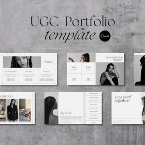 May include: A portfolio template for User Generated Content (UGC) creators. The template includes sections for pricing, social media statistics, and a photography portfolio. The template is designed in a minimalist style with black and white colors.