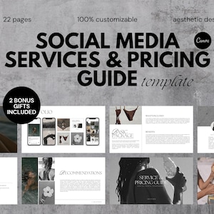 May include: A social media services and pricing guide template with 22 pages. The template is customisable and features a modern aesthetic design. The cover features a photo of a woman in a swimsuit and the text "SOCIAL MEDIA SERVICES & PRICING GUIDE template".