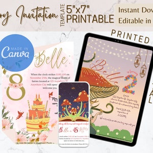 Plantilla de tarjeta de invitación con temática de hadas editable usando GRATIS el paquete de plantillas de invitación de cuenta de Canva Invitación de hadas de baby shower de cumpleaños