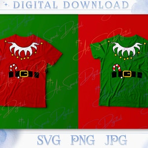 May include: Two digital downloads of a red and green t-shirt design featuring a cartoon elf costume with a candy cane, belt, and collar. The text "SVG PNG JPG" is at the bottom of the image.