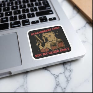 Funny Bulldog Sticker, Strawberry Jams But My Glock Don't, Humorous Laptop Decal, Unique Gift for Dog Lovers, Vinyl Sticker