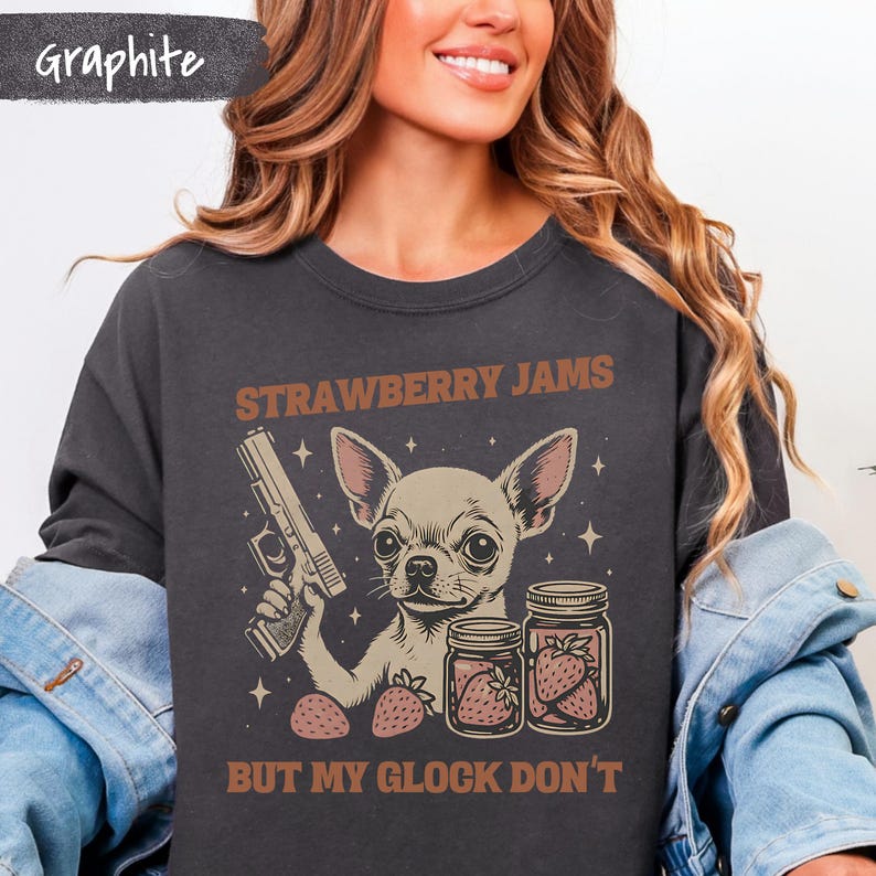 Funny Chihuahua T-Shirt, Strawberry Jams But Glock Don't Comfort Colors Chihuahua Funny Meme Tee Shirt image 4