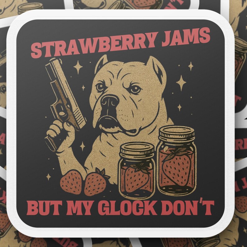 Strawberry Jams But My Glock Don't Sticker, Funny Dog Sticker, Cute Dog with Gun Sticker, Humorous Vinyl Sticker for Laptops