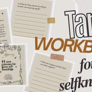 May include: A tarot workbook featuring pages with printed questions, lined spaces for writing, and a cover page titled 44 tarot questions for better self-knowledge. The design includes decorative borders, small star icons, and tape accents on a light background.