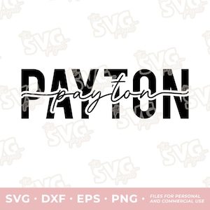 May include: Black and white graphic design of the name Payton with a handwritten script style font. The name is in all caps and the script font says "payton" underneath.