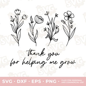 Merci de m'avoir aidée à grandir | Fichiers de découpe en vinyle SVG | Remerciement du professeur, Cadeaux pour les professeurs, Plante en pot pour professeur, Sac fourre-tout, Mug PNG