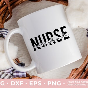 May include: White ceramic mug with black text that reads "NURSE registered".