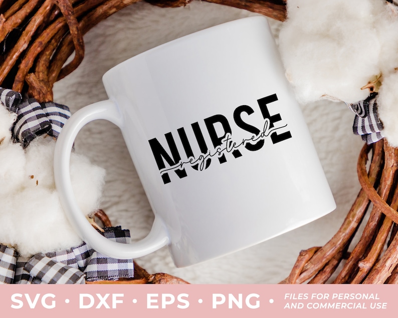 May include: White ceramic mug with black text that reads "NURSE registered".