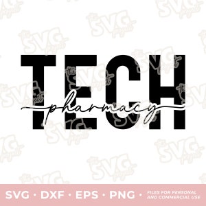 May include: A digital graphic design featuring the word TECH in bold black sans-serif capital letters, with the word pharmacy written in a black cursive script font overlaid horizontally across the center of the letters on a white background.
