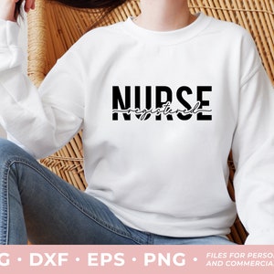 May include: A white sweatshirt with the text "NURSE registered" in black lettering.