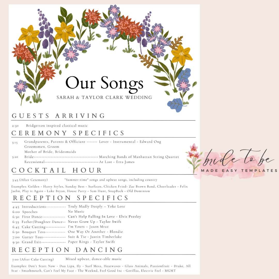 Our Songs V2 Whimsy Wedding DJ Timeline Template, Trending DJ Wedding