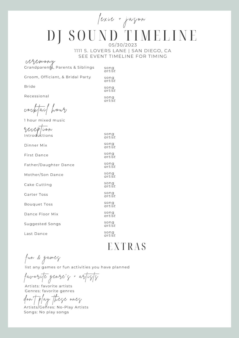 Sage Wedding DJ Timeline Template DJ Wedding Music Planning Guide Sage Wedding DJ Timeline Template DJ Wedding Music Planning Guide