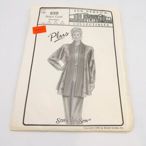 May include: A vintage sewing pattern titled "Rita's Coat" for plus sizes, featuring an illustration of a woman in a coat and pants. The pattern is from Ann Person Collectibles and Stretch & Sew. A "SALE" sticker is visible.