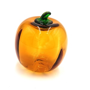 Vintage Blown Glass Orange Amber Pumpkin Figurine Green Stem 4” Decor