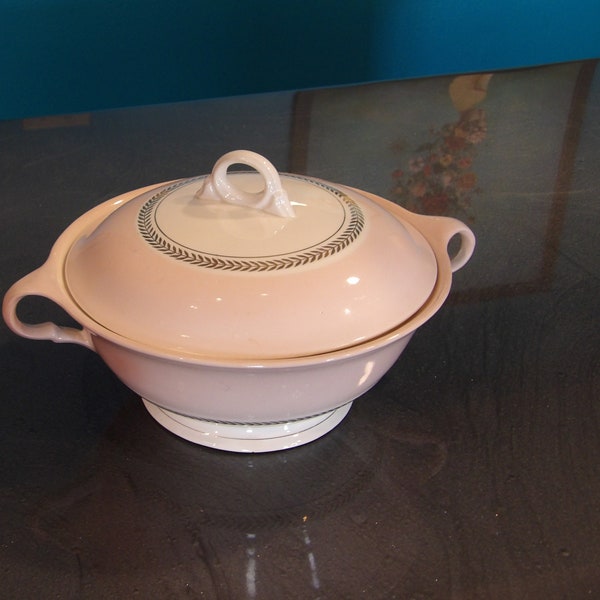 1950s American Limoges Diploma Coral Pink Casserole Dish with Gold Verge & Laurel Design