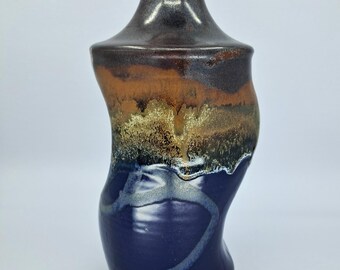 MCM Wavy Hand-thrown Signed 8" Studio Vase with Blue and Brown Drip Glaze