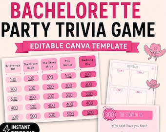 May include: A Bride or Die bachelorette party trivia game editable Canva template featuring a pink and white color scheme. The game board includes categories like Brideology 101 and The Groom Room with point values from 100 to 500, a scorecard, and a sample question card. Icons include a disco ball, ring, cowboy hat, and clipboard.