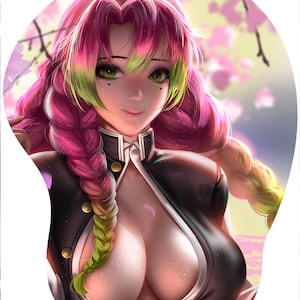May include: A woman with pink and green hair wearing a black and white collared shirt with a low neckline. The background is a blurred image of pink flowers.