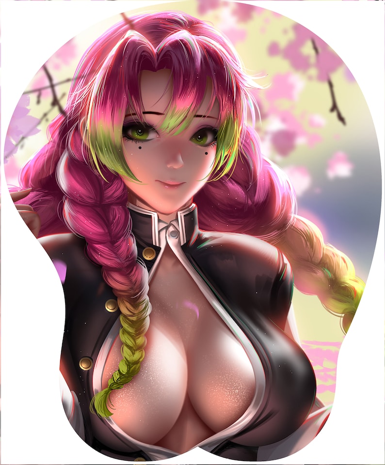 May include: A woman with pink and green hair wearing a black and white collared shirt with a low neckline. The background is a blurred image of pink flowers.