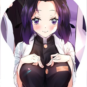 May include: A black and white anime illustration of a female character with purple hair, wearing a black and white uniform with a gold button. The character is smiling and has her hands clasped in front of her chest.