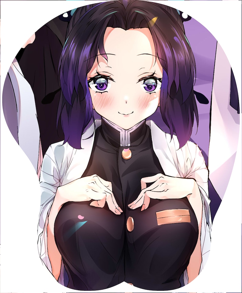 May include: A black and white anime illustration of a female character with purple hair, wearing a black and white uniform with a gold button. The character is smiling and has her hands clasped in front of her chest.
