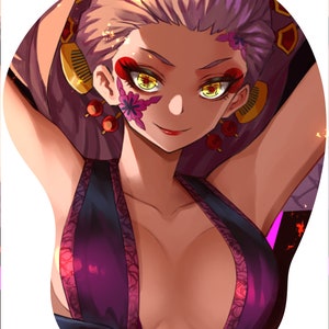 May include: A woman with purple hair and yellow eyes wearing a black and purple outfit with a floral design. She has red and gold jewelry and a flower on her face.