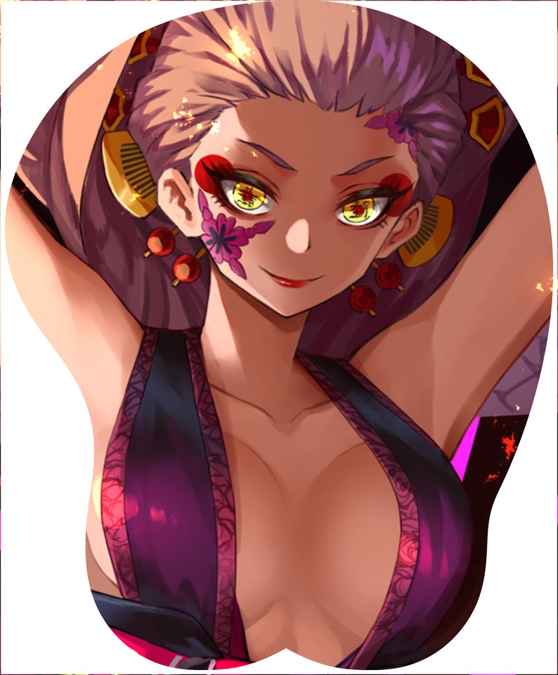 May include: A woman with purple hair and yellow eyes wearing a black and purple outfit with a floral design. She has red and gold jewelry and a flower on her face.