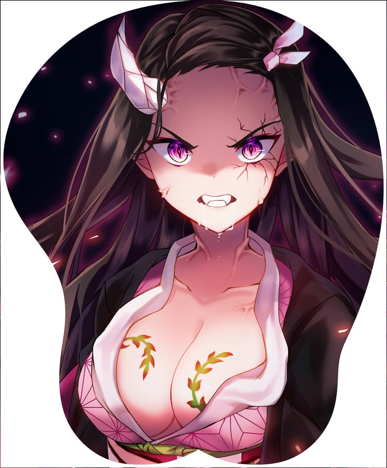 May include: A digital illustration of a woman with long black hair, wearing a pink and white patterned kimono. She has a white horn on her forehead and purple eyes. Her mouth is open and she has a fierce expression.