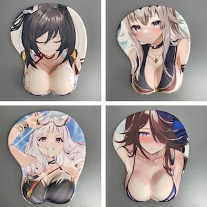 May include: Four anime-style mouse pads with wrist rests. Each pad features a different female character with large breasts, in various outfits and poses. The backgrounds are light and the overall aesthetic is colorful and vibrant.