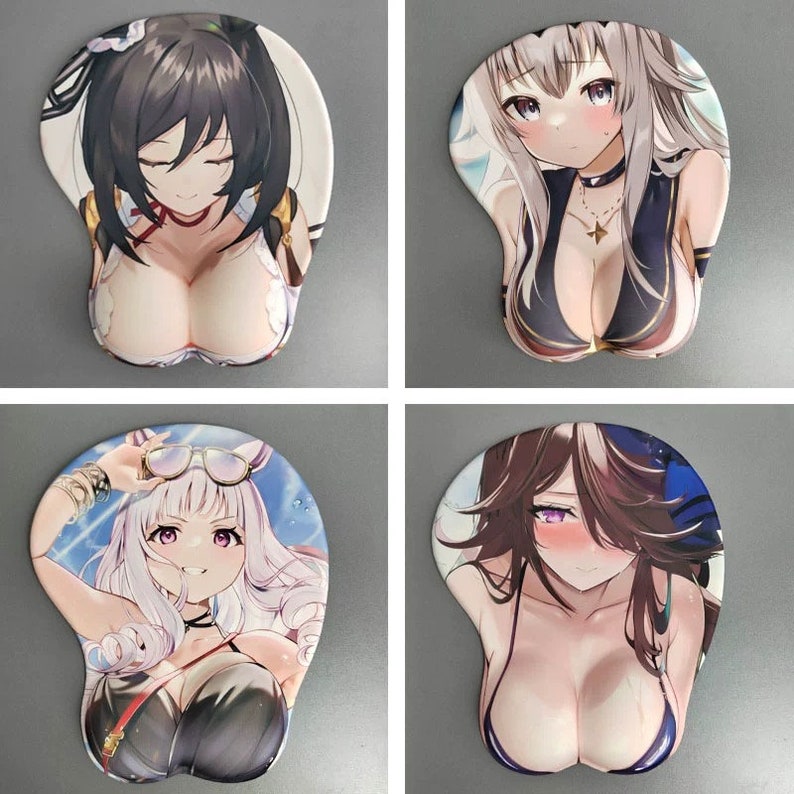 May include: Four anime-style mouse pads with wrist rests. Each pad features a different female character with large breasts, in various outfits and poses. The backgrounds are light and the overall aesthetic is colorful and vibrant.