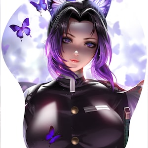 May include: A digital illustration of a young woman with purple hair and butterfly wings. She is wearing a black uniform with a white collar and a white stripe across the chest. She has a serious expression on her face and is looking directly at the viewer. The background is a soft, pastel purple and blue.