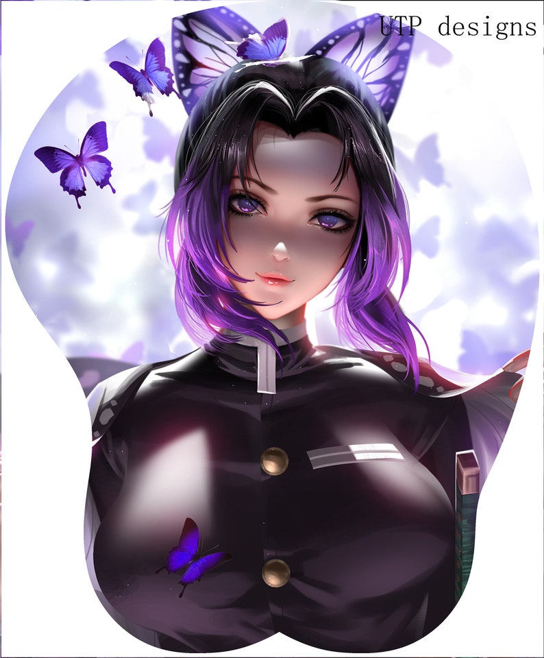 May include: A digital illustration of a young woman with purple hair and butterfly wings. She is wearing a black uniform with a white collar and a white stripe across the chest. She has a serious expression on her face and is looking directly at the viewer. The background is a soft, pastel purple and blue.