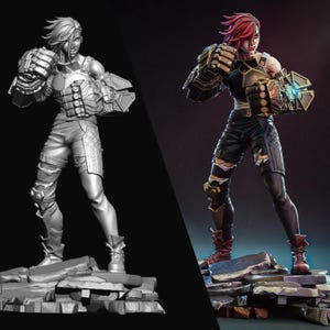 May include: A detailed figurine of a character in a fighting stance, with a metallic gauntlet on each hand. The figure is wearing black shorts, boots, and a top. The image is split, showing a grayscale 3D model next to a colored version.