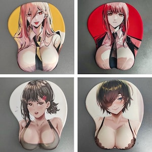 May include: Four anime-style mouse pads with wrist rests. Each pad features a different female character illustration. The pads have a curved shape with a wrist rest at the bottom. The backgrounds are yellow, red, and white.