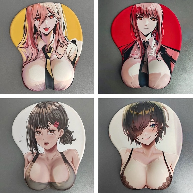 May include: Four anime-style mouse pads with wrist rests. Each pad features a different female character illustration. The pads have a curved shape with a wrist rest at the bottom. The backgrounds are yellow, red, and white.