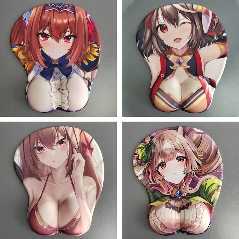 May include: Four anime-style mouse pads with wrist rests. Each pad features a different female character with large breasts, in various outfits and poses. The pads are primarily white with the character's image printed on the top surface.