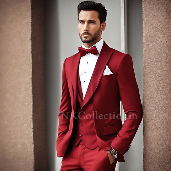 Mens Evening Wear, Wedding, Royal luxury Three Piece Red Stylish Men's Tuxedo Suit - Tailored Suit Gift For Husband Formal  Prom,