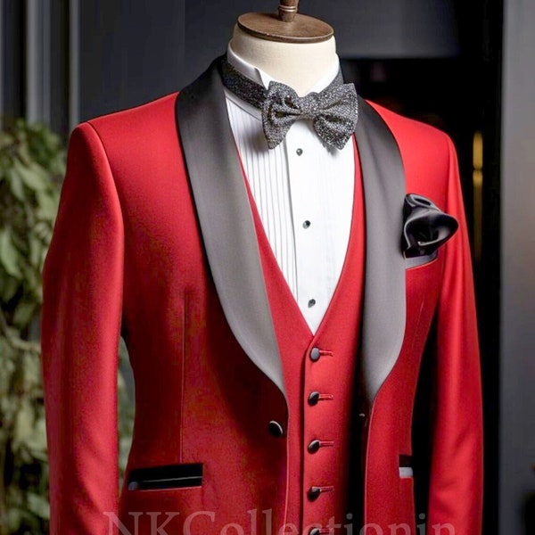 Royal luxury Three Piece Red Stylish Men's Tuxedo Suit - Formal Evening Wear, Wedding, Prom, Dinner Jacket- Tailored Suit Gift For Husband