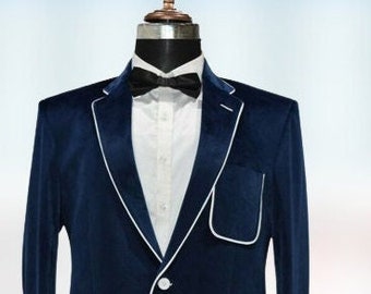 Mens Jacket Blue Velvet Blazer With White Leapal Wedding Dinner Jacket Party Wear Slim Fit  Peak Lapel Coat Best Gift For Him