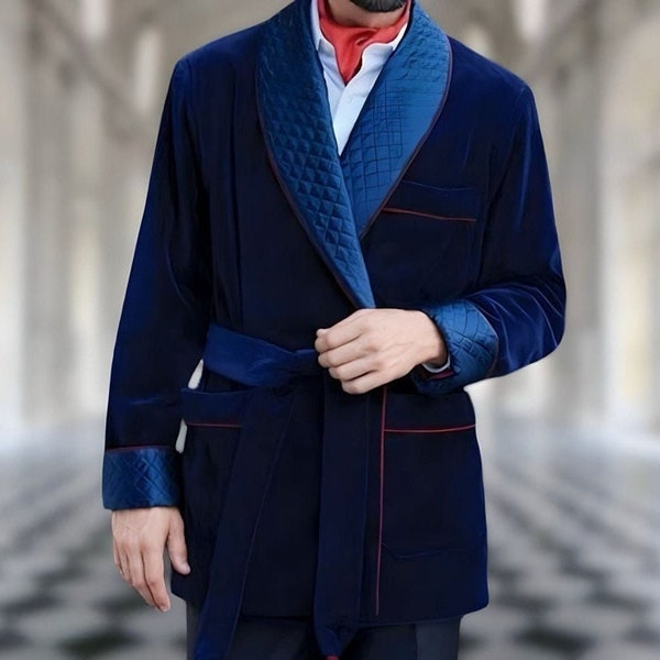 Herren Valentinstag Geschenk für Herren.Blaues Doppelreiher.Herren Dressing.Smocking Jacket.Vintage Quilted Robe.Velvet