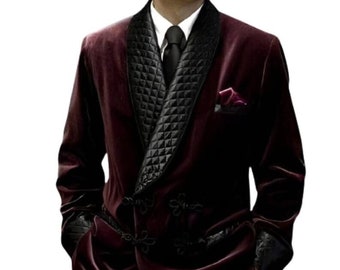 Man Quilted Double Brested burgundy Smoking,Jacket Quilted Wedding night & Christmas Party wear Slimfit Luxury Velvet Dinner cigar Jacket
