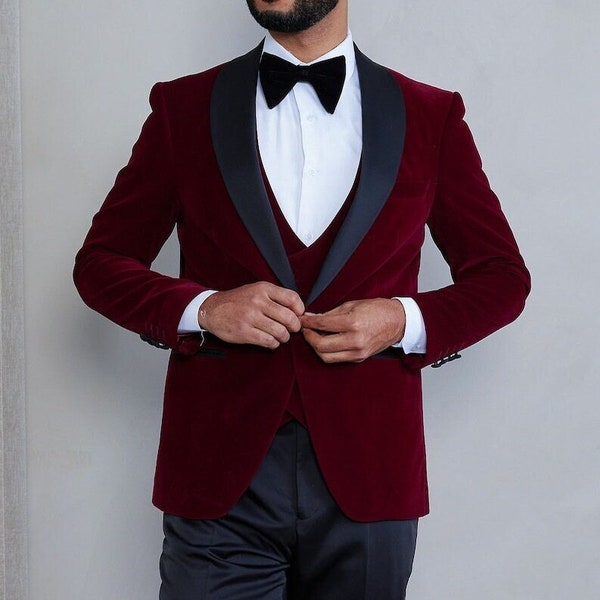 Men styling royal Jacked Mens Slim Fit 3-Piece Burgundy Shawl Lapel Velvet Tuxedo