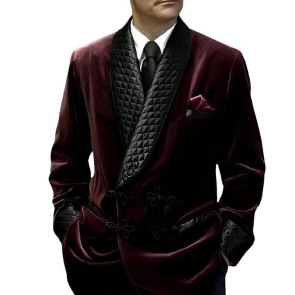 Man Quilted Double Brested burgundy Smoking,Jacket Quilted Wedding night & Christmas Party wear Slimfit Luxury Velvet Dinner cigar Jacket