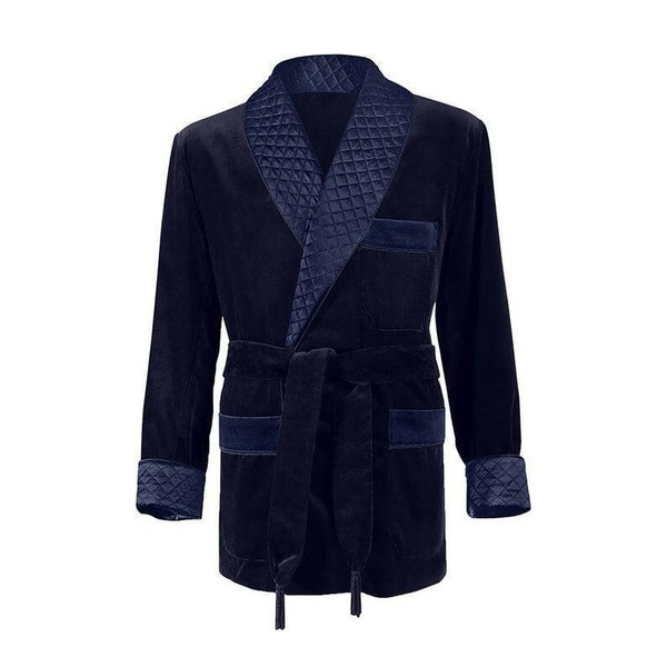 Men smoking Velvet and Silk Quilted Robe - Romantic Eveningwear Opulent Lounge Attire" Dinner Jacket Time-Honored Style  Sophisticated Robe"