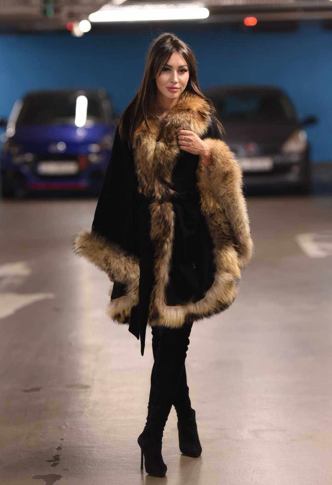 Cashmere and Wool Poncho With Natural Raccoon Real Fur Tied and ...